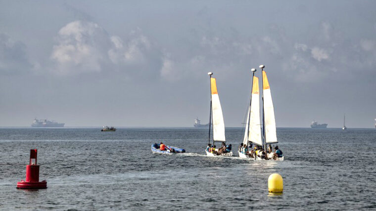 Una llanxa i tres velers al mar.