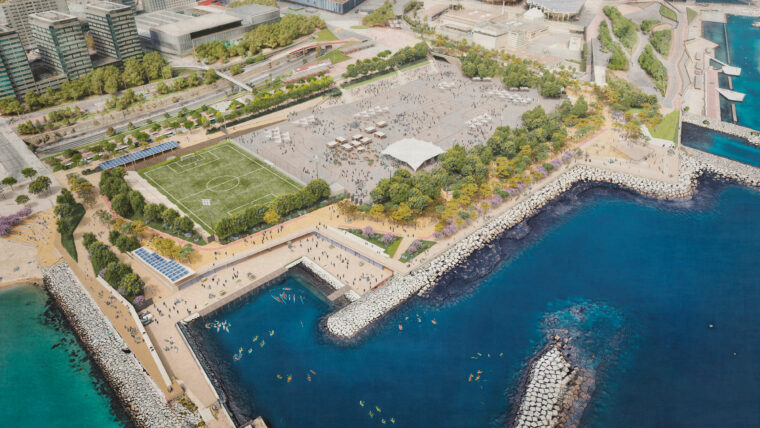 Render de la transformació de la plataforma marina del Fòrum