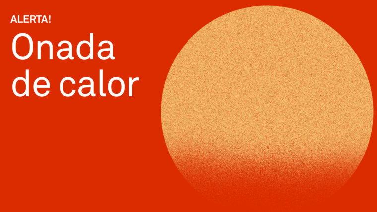 Bàner onada de calor. A la dreta, una il·lustració d'un sol.