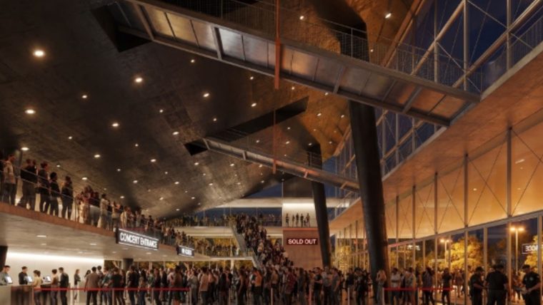 Imatge virtual del futur vestibul del nou Sant Jordi Club en plena ocupació