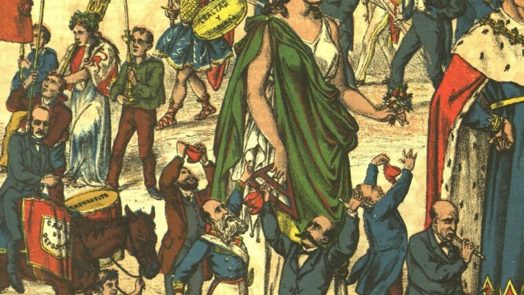 Detall de la publicació La Flaca, número 8, del 6 de juny de 1869, on s'hi pot veure la personificació de la República envoltada d'homes d'aspecte caricaturesc.