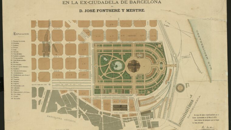 Plano del parque y jardines en la ex-Ciudadela de Barcelona. Fontserè Mestre, Josep; Barnola, F. 1873. AHCB.