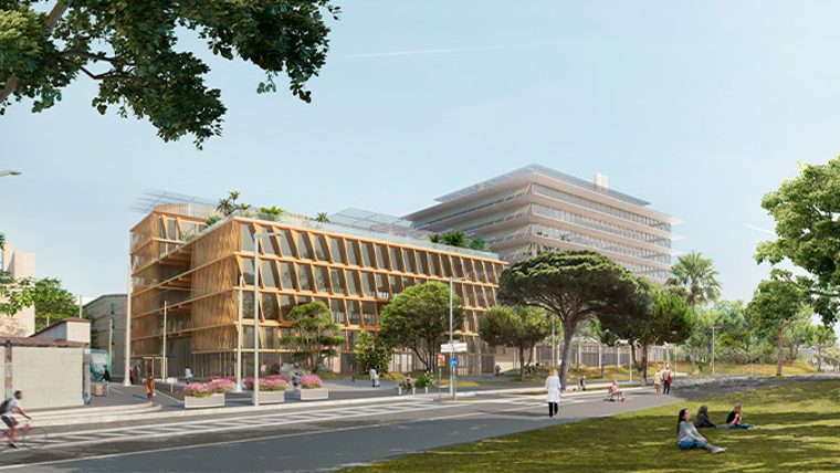 imatge recreada digitalment que mostra els futurs edificis del complex de recerca de la Ciutadella del Coneixement: predomini de les finestres i entorns amb arbrat i zones verdes.